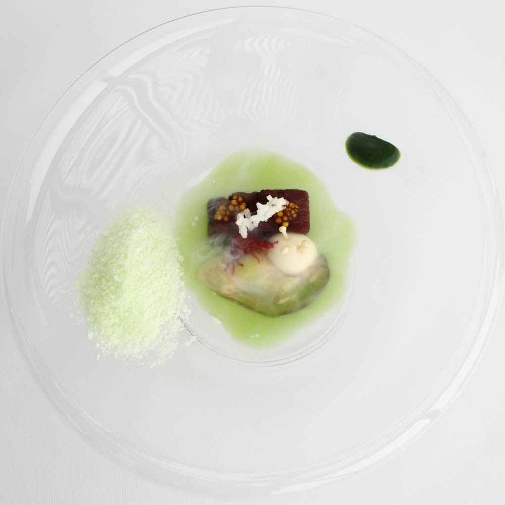 Signature Dish: Kevin Fehling – "Aal Unagi & Auster mit Reisgel, Dashi-Tapioka, Wasabi und Apfel-Gurkensud"